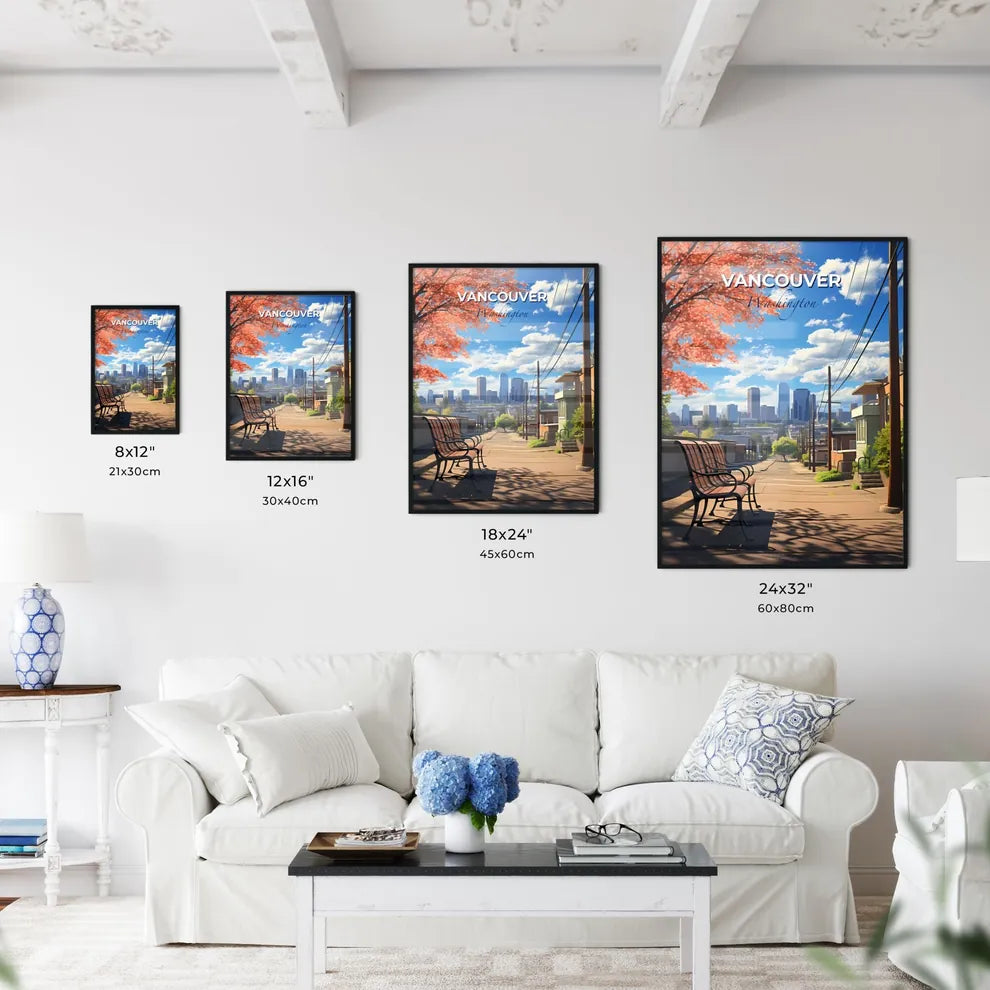 Vancouver, Washington, A Poster of a bench on a sidewalk with trees and buildings in the background Default Title