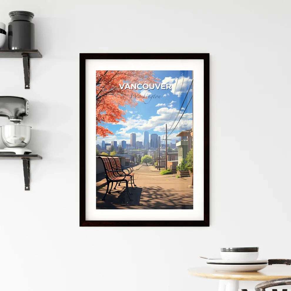 Vancouver, Washington, A Poster of a bench on a sidewalk with trees and buildings in the background Default Title