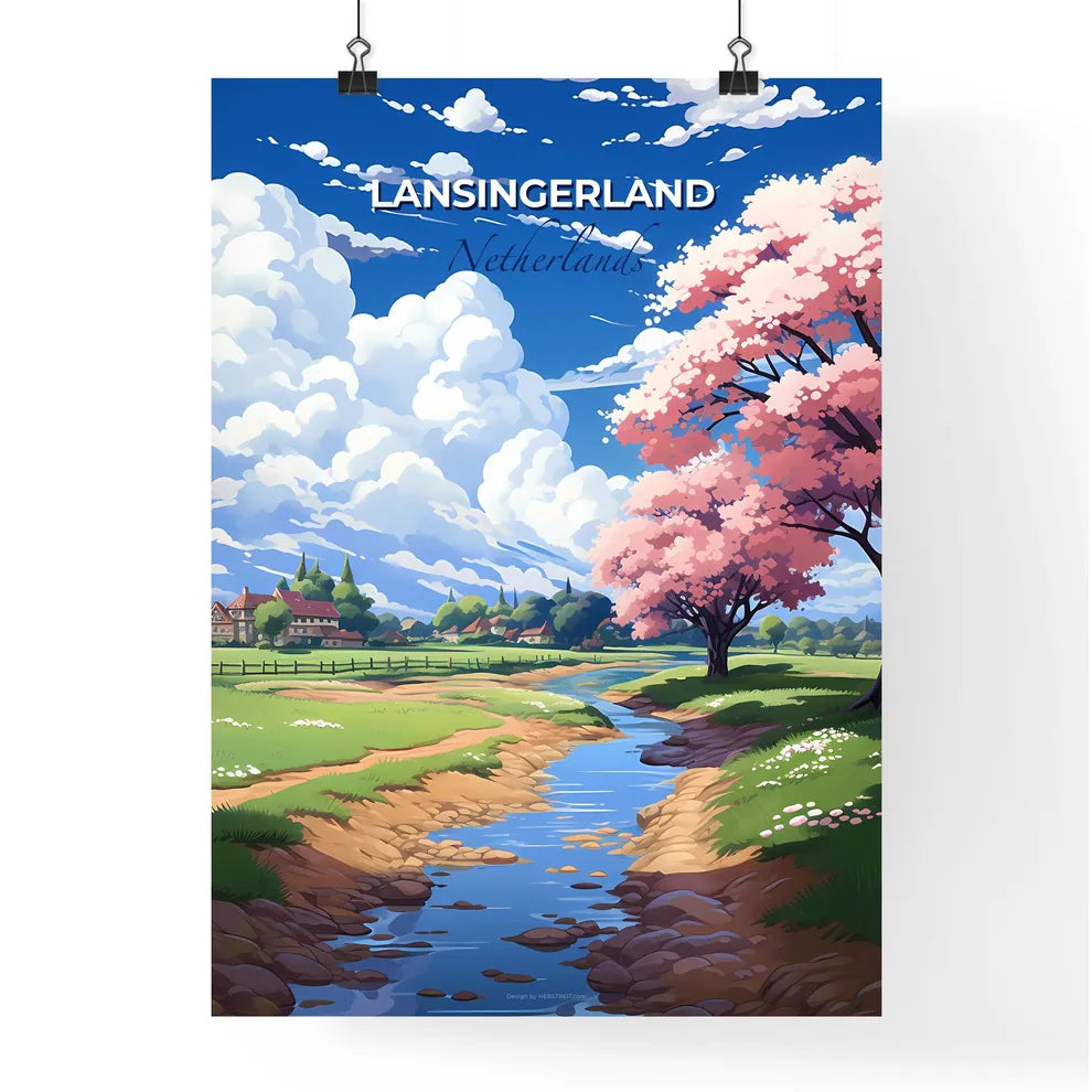 Lansingerland, Netherlands, A Poster of a stream running through a field with pink trees and a house Default Title