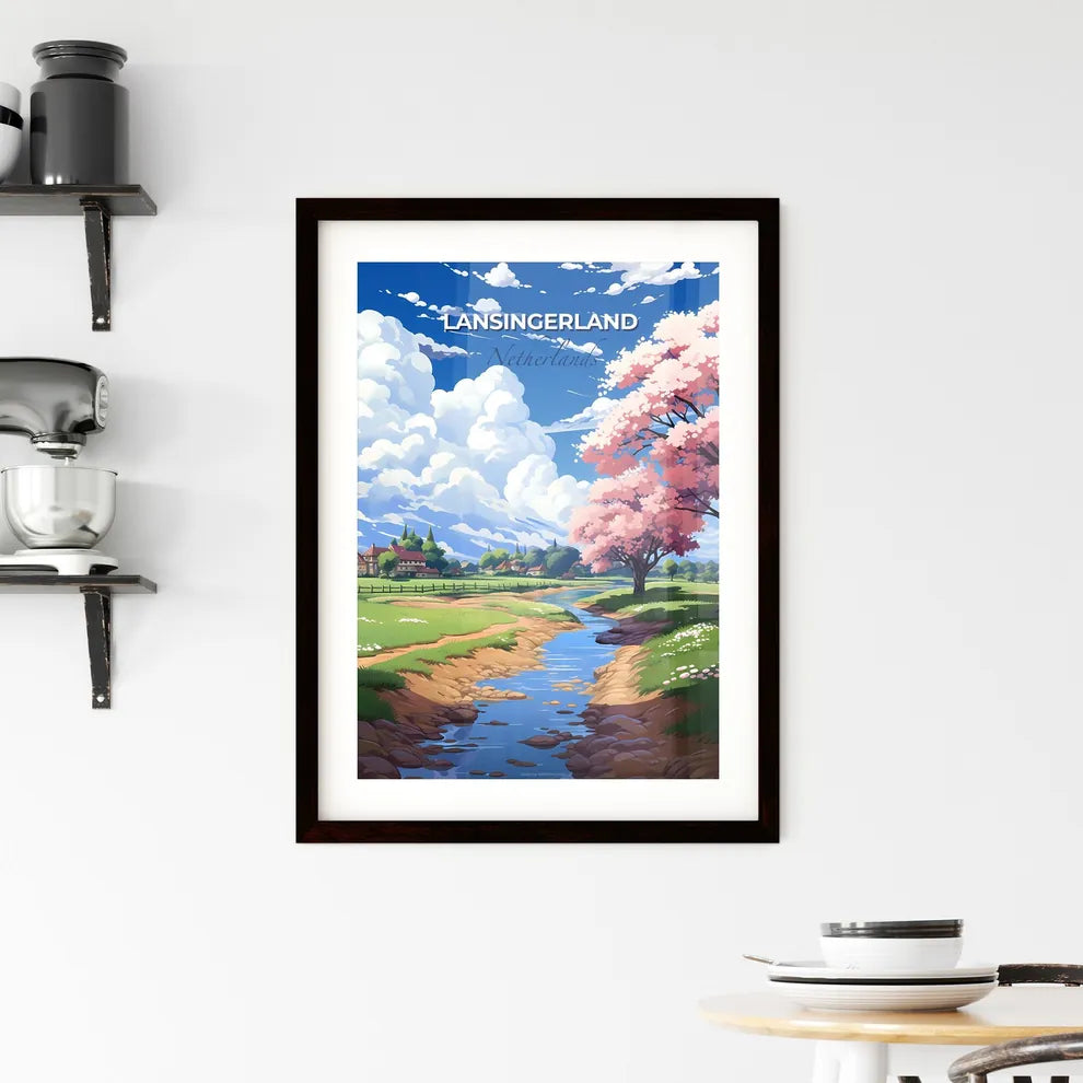 Lansingerland, Netherlands, A Poster of a stream running through a field with pink trees and a house Default Title