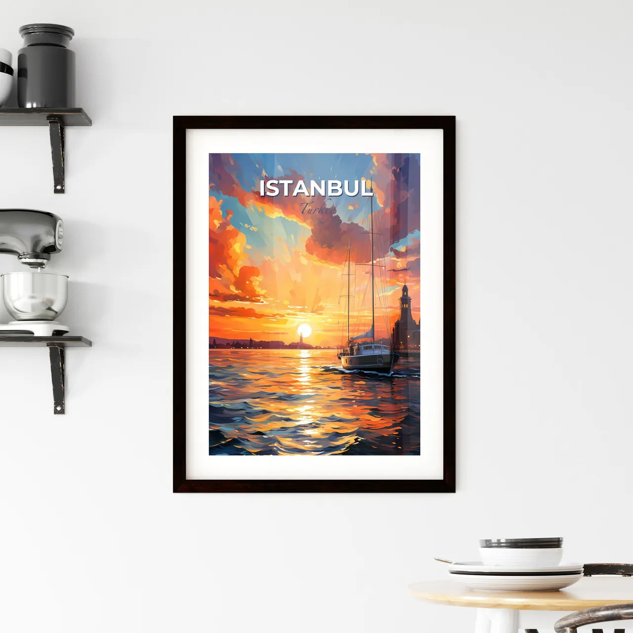 Istanbul, Turkey, A Poster of a painting of a boat in the water at sunset Default Title