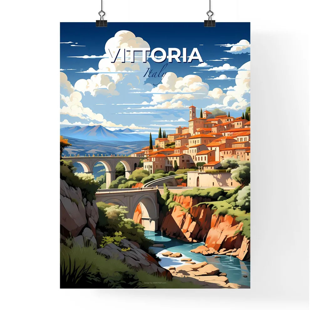 Vittoria, Italy, A Poster of a bridge over a river with buildings and trees Default Title