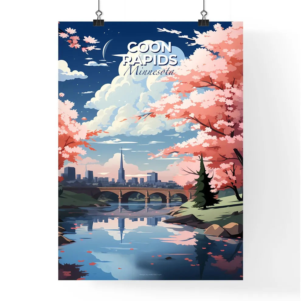 Coon Rapids, Minnesota, A Poster of a river with pink trees and a bridge Default Title