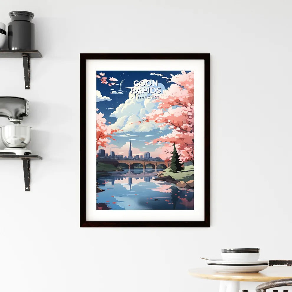 Coon Rapids, Minnesota, A Poster of a river with pink trees and a bridge Default Title