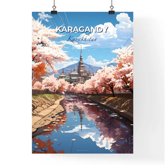 Karagandy, Kazakhstan, A Poster of a river with pink trees and a building in the background Default Title