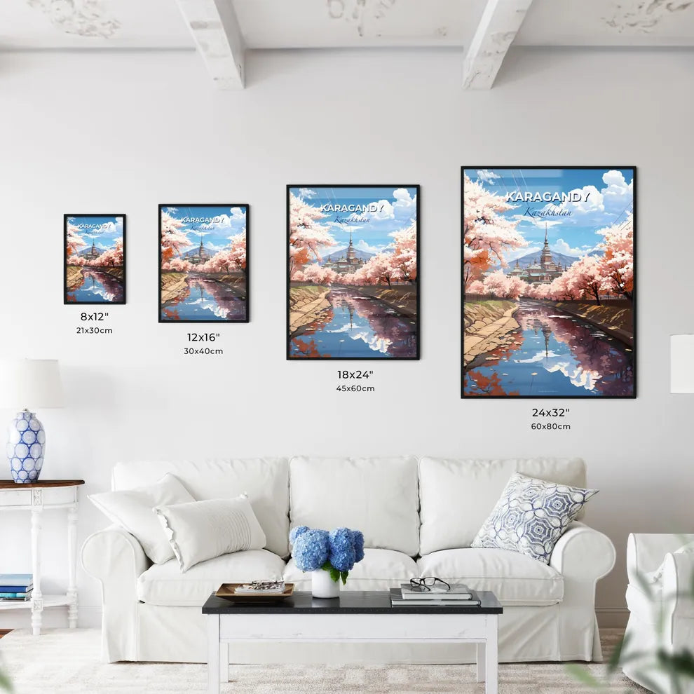 Karagandy, Kazakhstan, A Poster of a river with pink trees and a building in the background Default Title