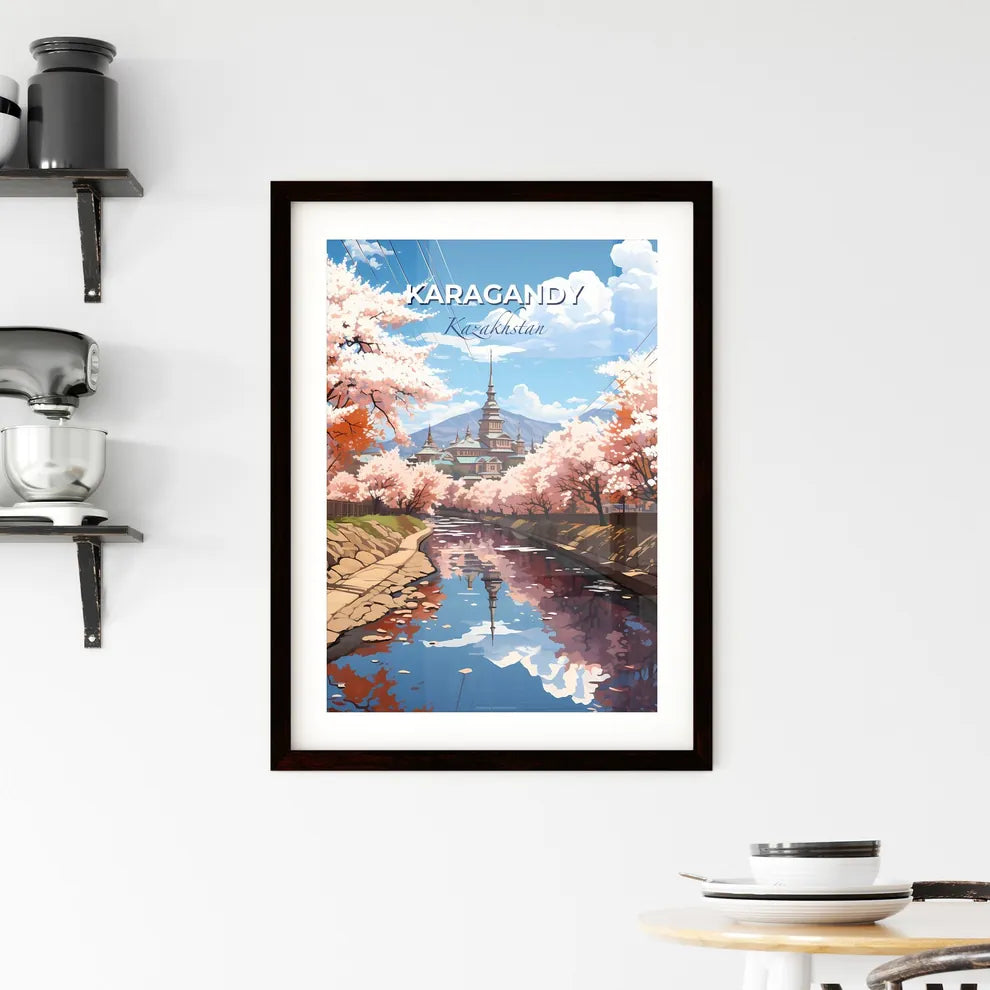 Karagandy, Kazakhstan, A Poster of a river with pink trees and a building in the background Default Title