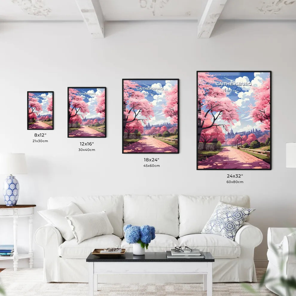 Gaithersburg, Maryland, A Poster of a road with pink trees and a castle Default Title