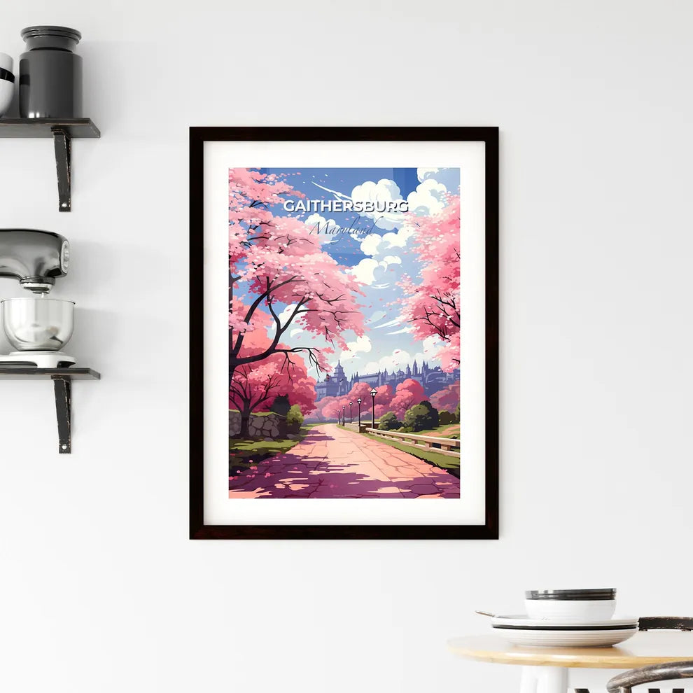 Gaithersburg, Maryland, A Poster of a road with pink trees and a castle Default Title