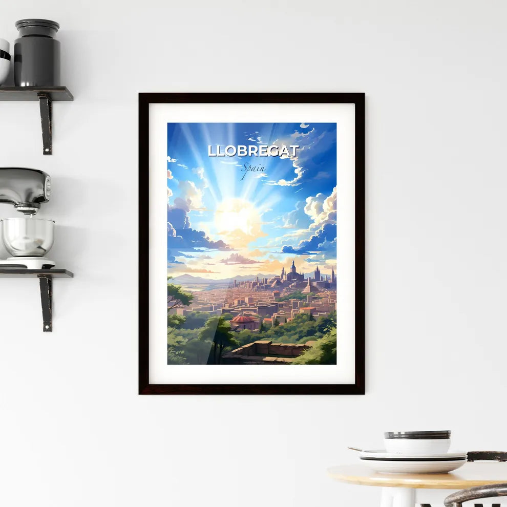 Llobregat, Spain, A Poster of a city with trees and sun shining through clouds Default Title