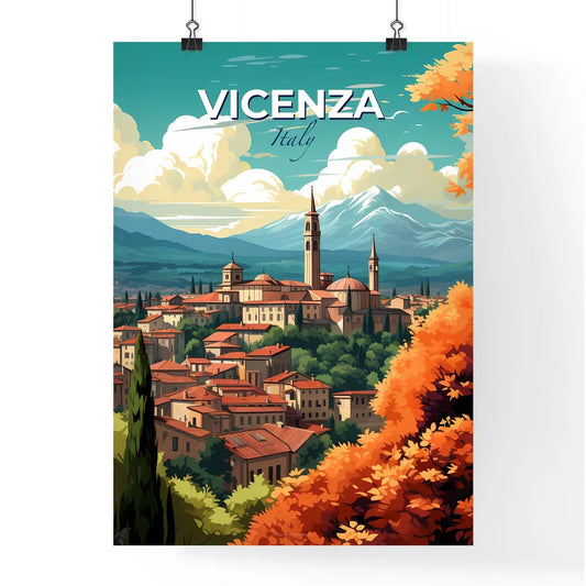 Vicenza, Italy, A Poster of a city with towers and trees in front of mountains Default Title