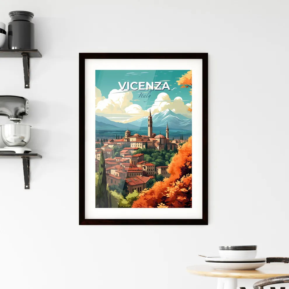 Vicenza, Italy, A Poster of a city with towers and trees in front of mountains Default Title