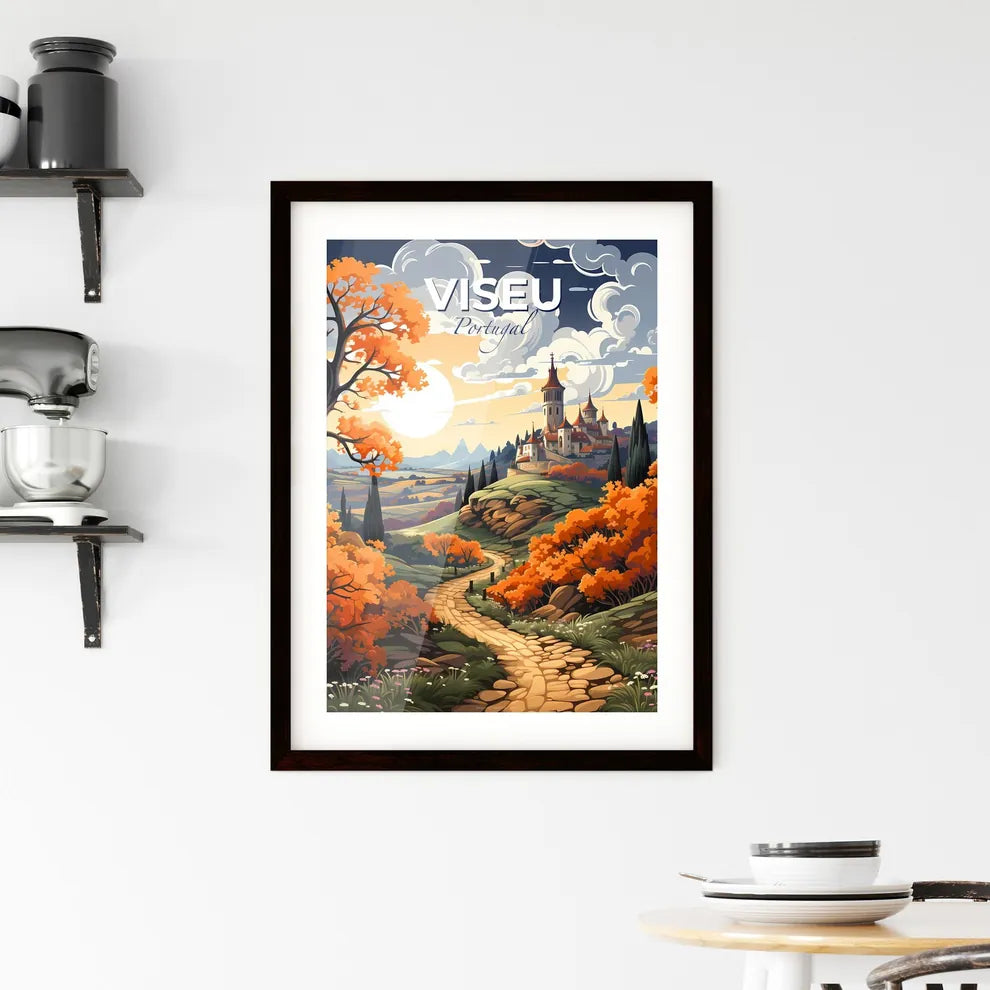 Viseu, Portugal, A Poster of a painting of a castle on a hill with trees and a road Default Title