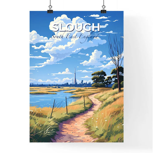 Slough, South East England, A Poster of a path through a grassy field with trees and water Default Title