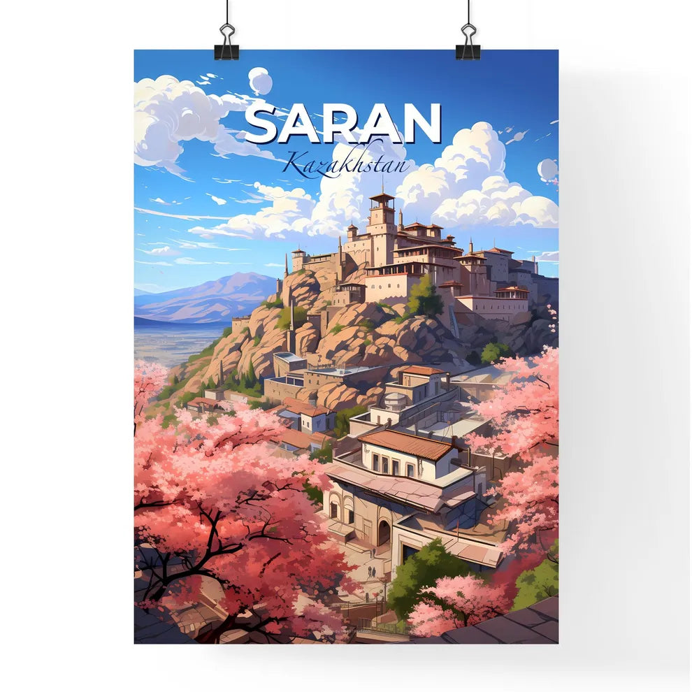 Saran, Kazakhstan, A Poster of a castle on a hill with pink flowers Default Title