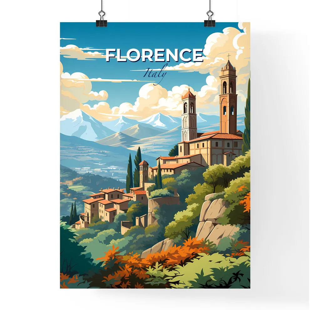 Florence, Italy, A Poster of a landscape of a town with a tower and trees Default Title