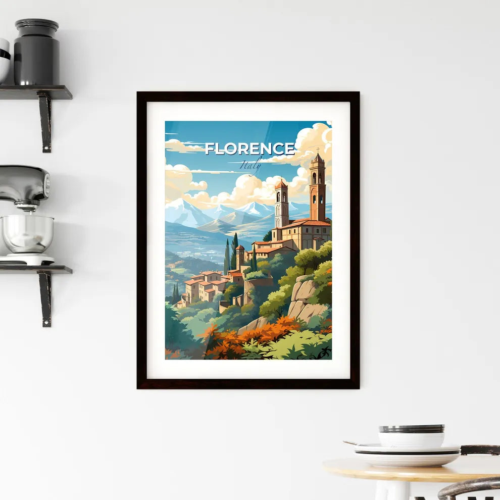 Florence, Italy, A Poster of a landscape of a town with a tower and trees Default Title