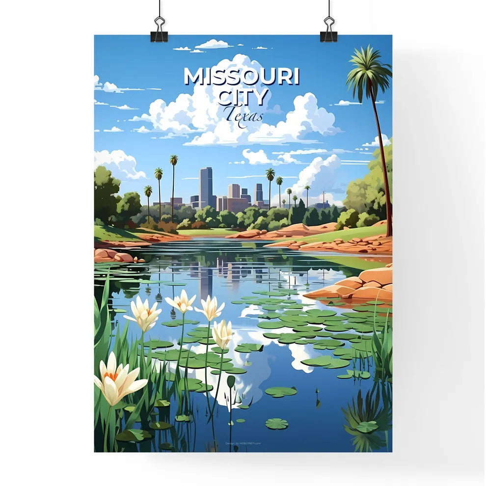 Missouri City, Texas, A Poster of a water with lily pads and flowers Default Title