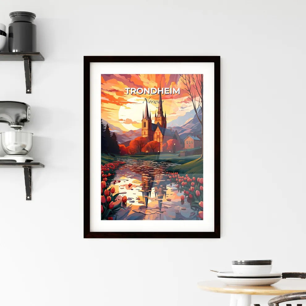 Trondheim, Norway, A Poster of a painting of a church with tulips by a river Default Title