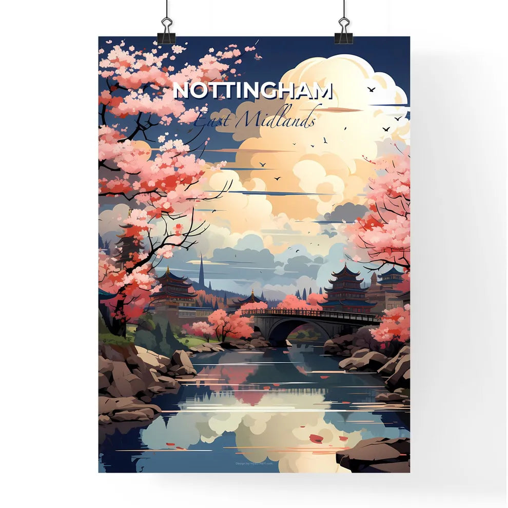 Nottingham, East Midlands, A Poster of a river with a bridge and trees with pink flowers Default Title