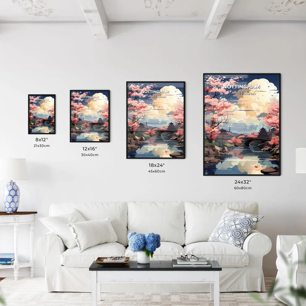 Nottingham, East Midlands, A Poster of a river with a bridge and trees with pink flowers Default Title