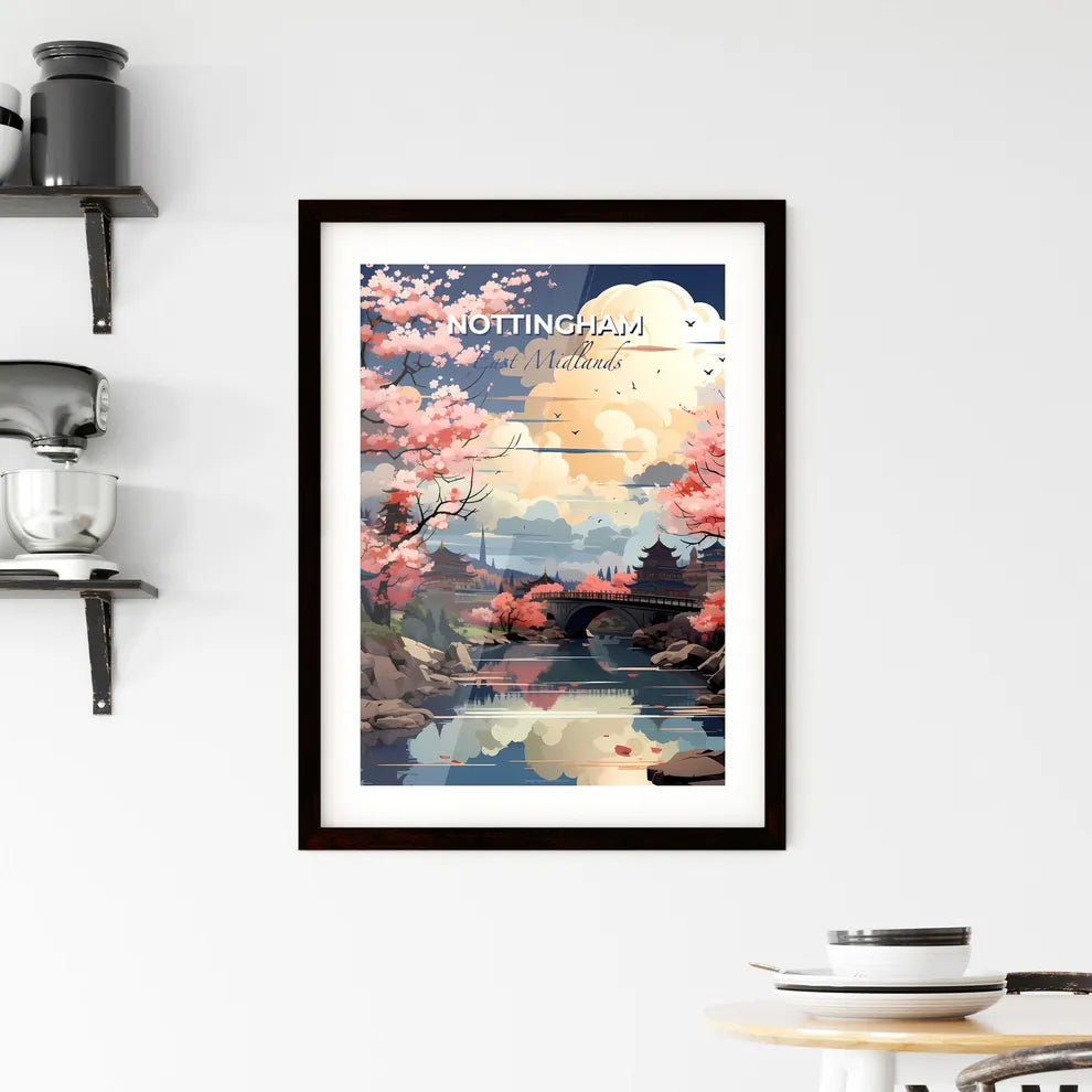 Nottingham, East Midlands, A Poster of a river with a bridge and trees with pink flowers Default Title