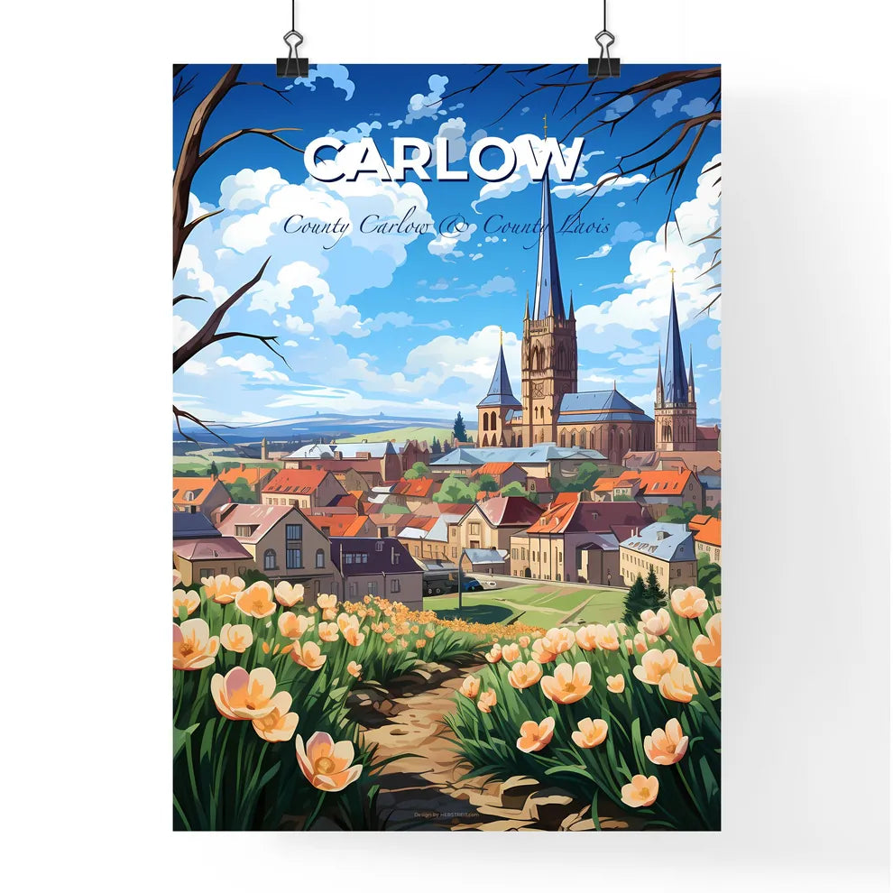 Carlow, County Carlow & County Laois, A Poster of a landscape with a flower field and a church Default Title