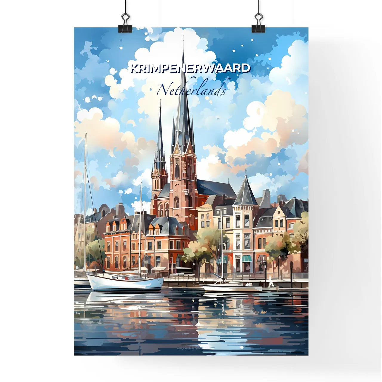 Krimpenerwaard, Netherlands, A Poster of a watercolor painting of a city with a church and boats Default Title