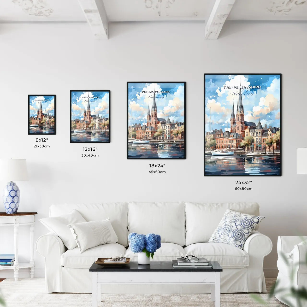 Krimpenerwaard, Netherlands, A Poster of a watercolor painting of a city with a church and boats Default Title