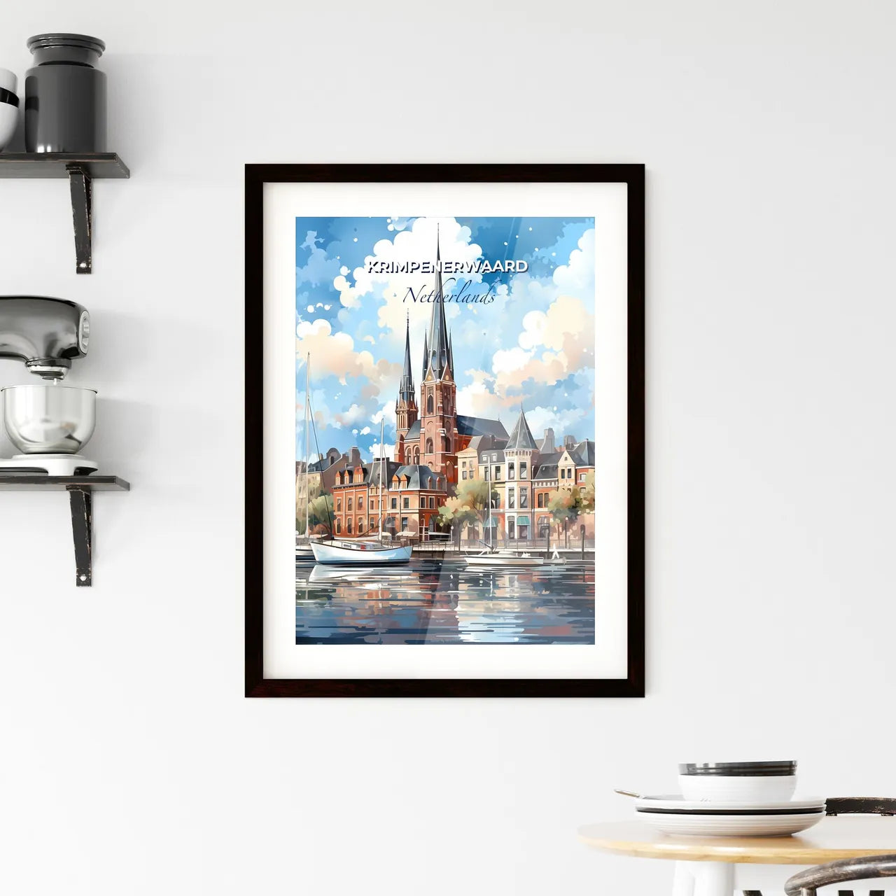 Krimpenerwaard, Netherlands, A Poster of a watercolor painting of a city with a church and boats Default Title