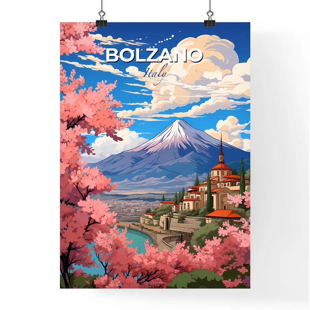 Bolzano, Italy, A Poster of a mountain with a city and trees Default Title