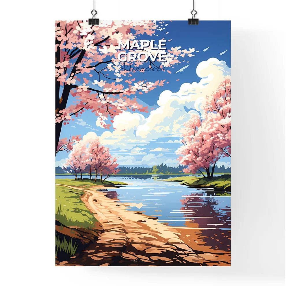 Maple Grove, Minnesota, A Poster of a painting of a river with pink trees and a blue sky Default Title