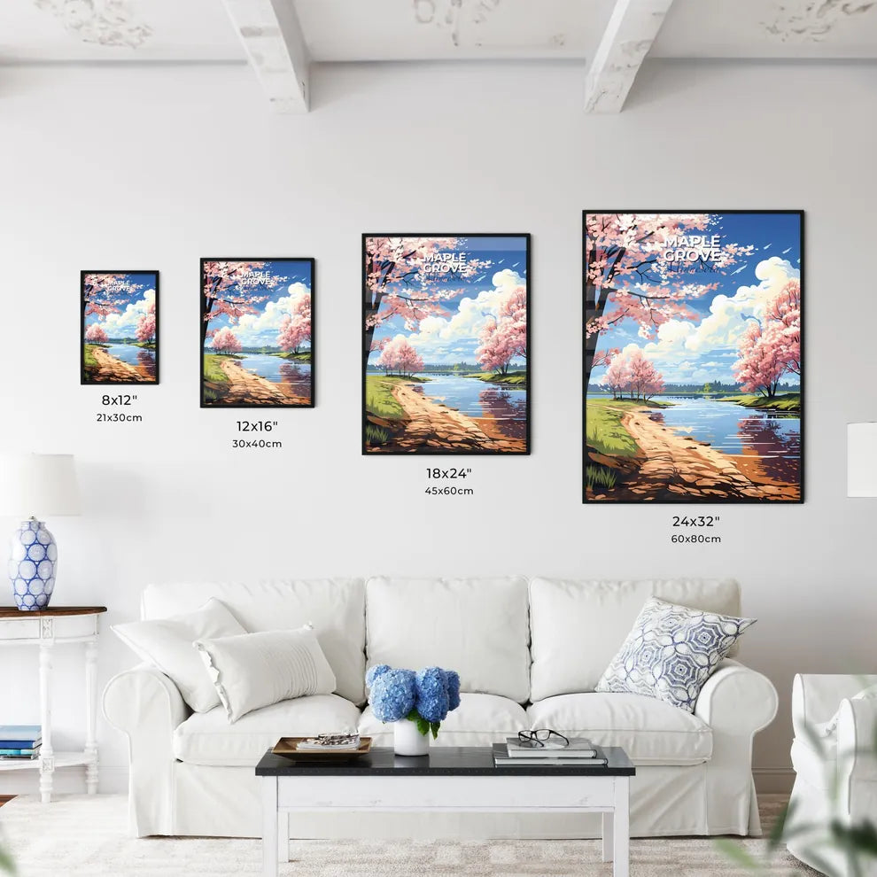 Maple Grove, Minnesota, A Poster of a painting of a river with pink trees and a blue sky Default Title