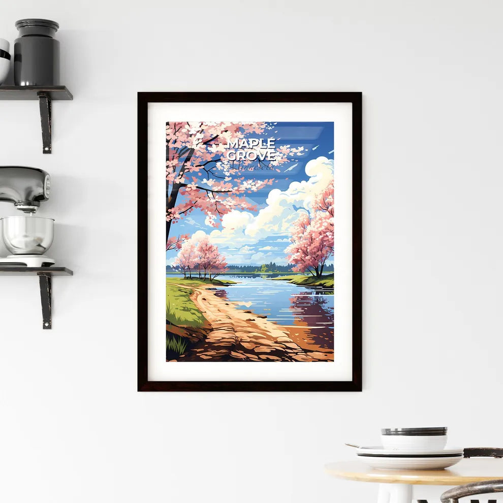 Maple Grove, Minnesota, A Poster of a painting of a river with pink trees and a blue sky Default Title