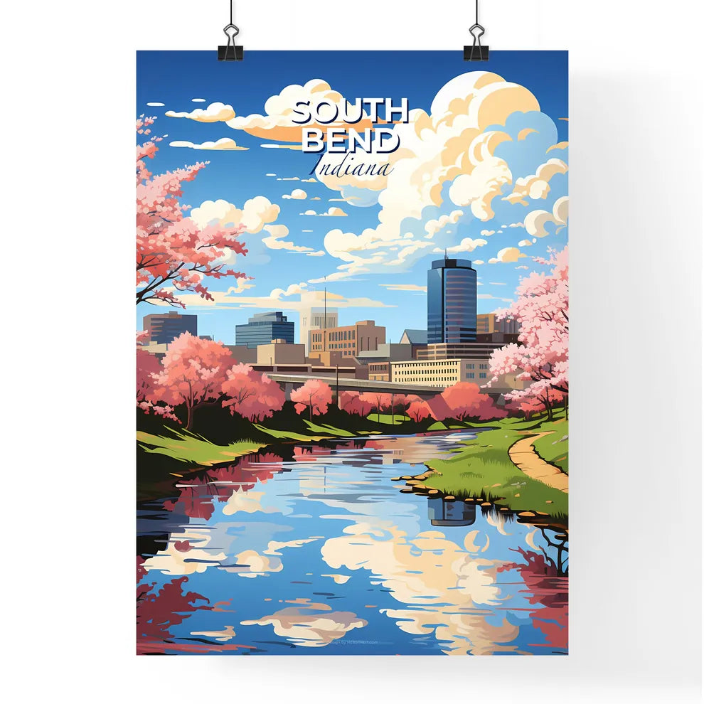 South Bend, Indiana, A Poster of a river with pink trees and buildings in the background Default Title
