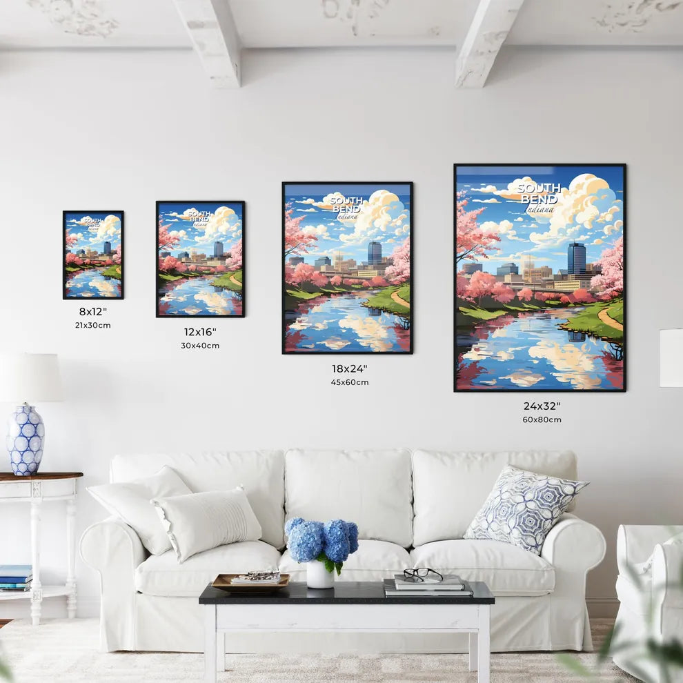South Bend, Indiana, A Poster of a river with pink trees and buildings in the background Default Title