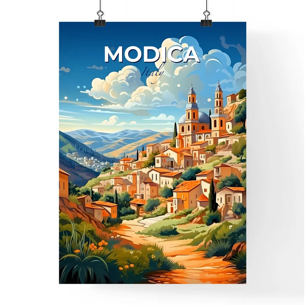 Modica, Italy, A Poster of a painting of a village on a hill Default Title