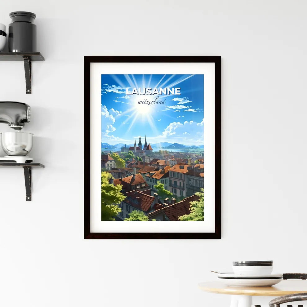 Lausanne, witzerland, A Poster of a city with buildings and trees and the sun Default Title