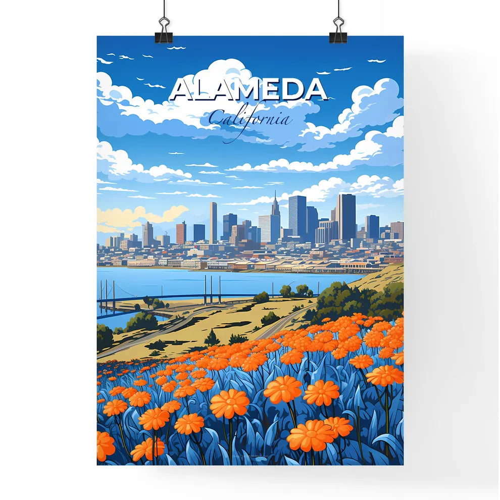 Alameda, California, A Poster of a city landscape with orange flowers and a body of water Default Title