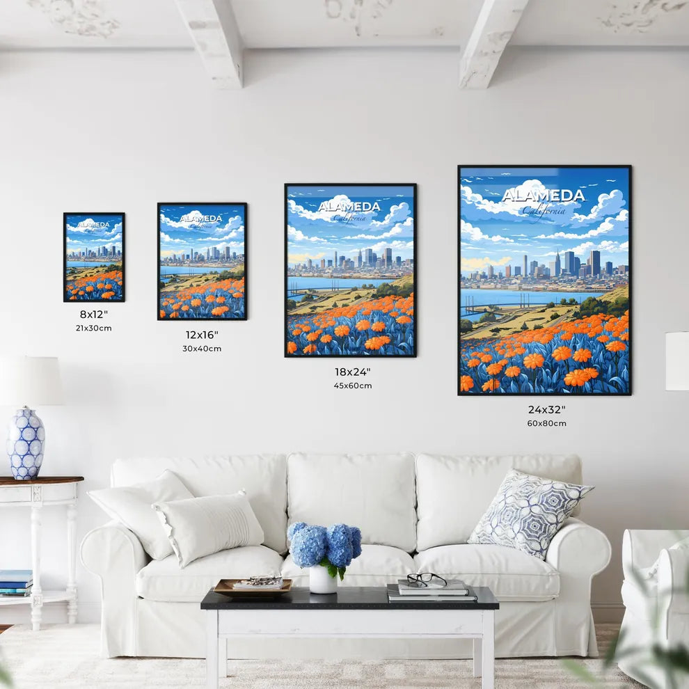 Alameda, California, A Poster of a city landscape with orange flowers and a body of water Default Title