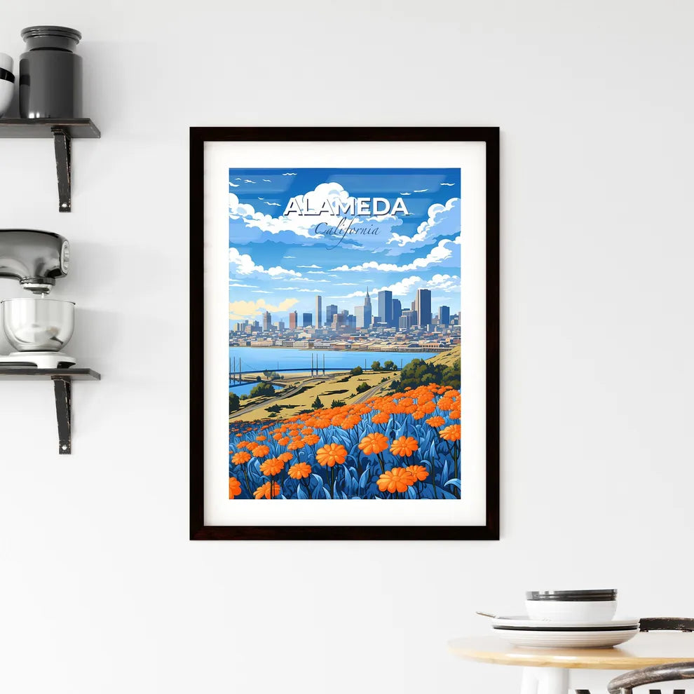 Alameda, California, A Poster of a city landscape with orange flowers and a body of water Default Title