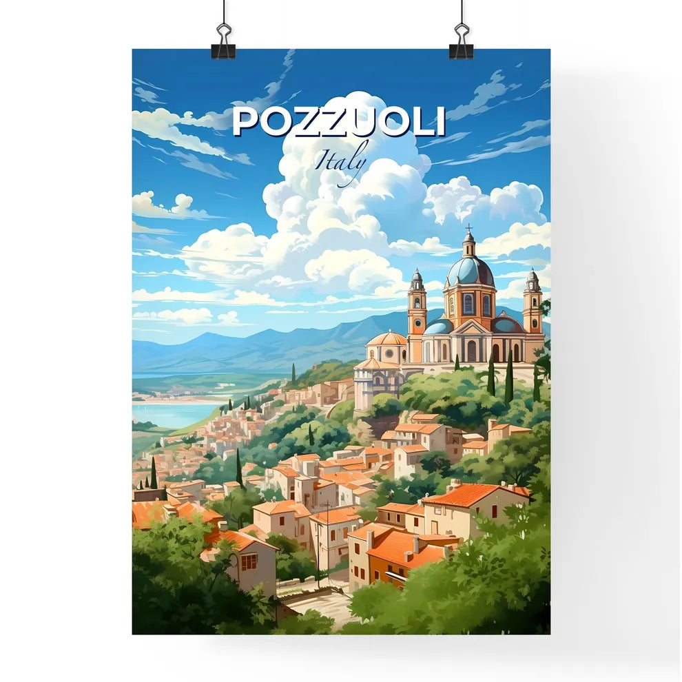 Pozzuoli, Italy, A Poster of a building on a hill with trees and mountains in the background Default Title