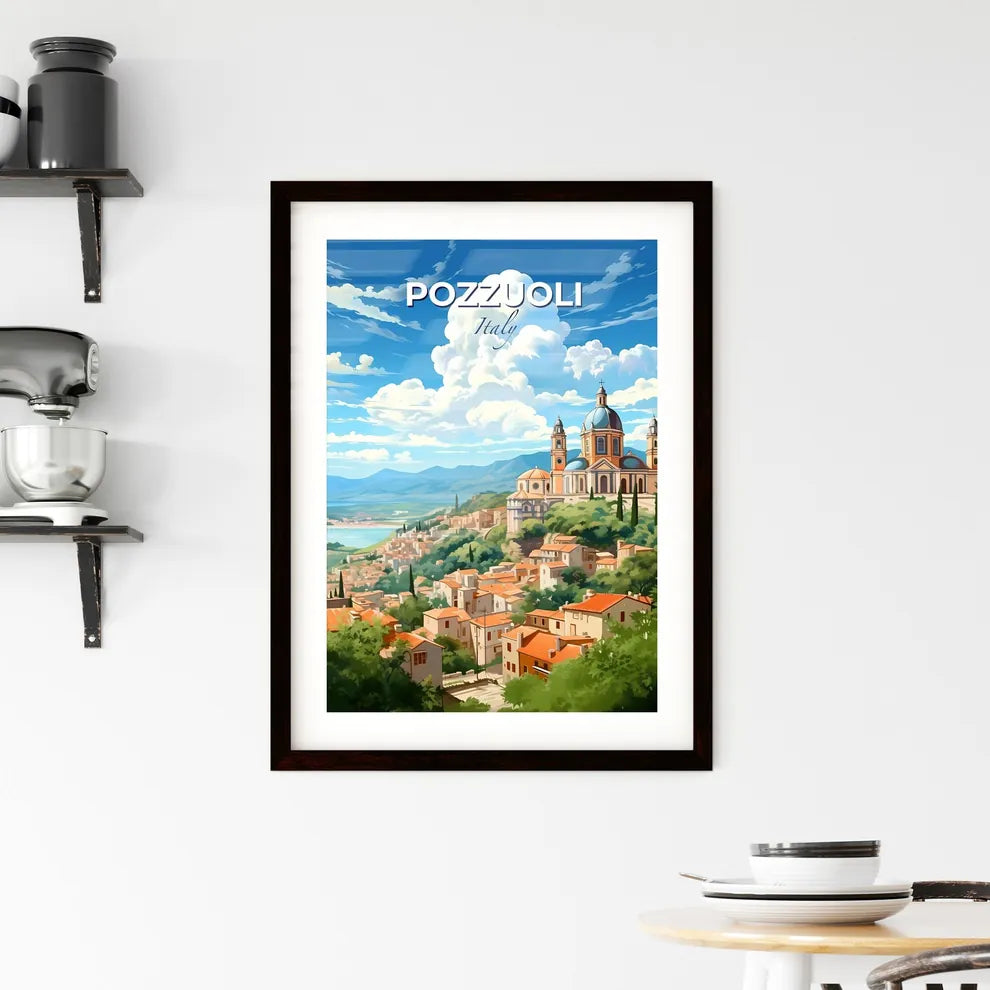 Pozzuoli, Italy, A Poster of a building on a hill with trees and mountains in the background Default Title