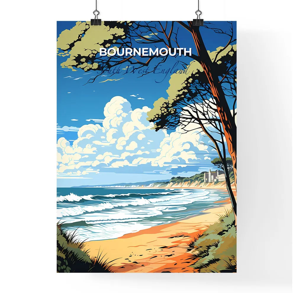 Bournemouth, South West England, A Poster of a beach with trees and waves Default Title