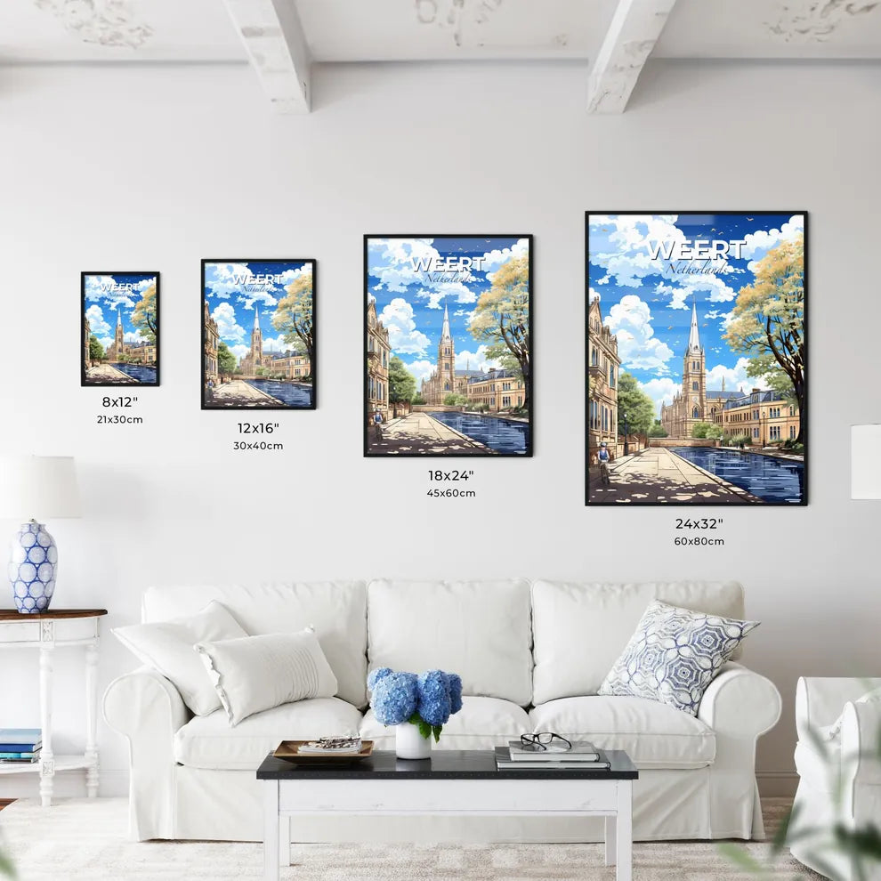 Weert, Netherlands, A Poster of a building with a clock tower and a pond Default Title