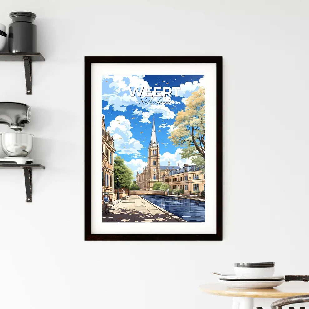 Weert, Netherlands, A Poster of a building with a clock tower and a pond Default Title