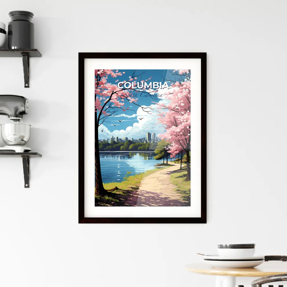 Columbia, South Carolina, A Poster of a path leading to a lake with pink trees and a city in the background Default Title