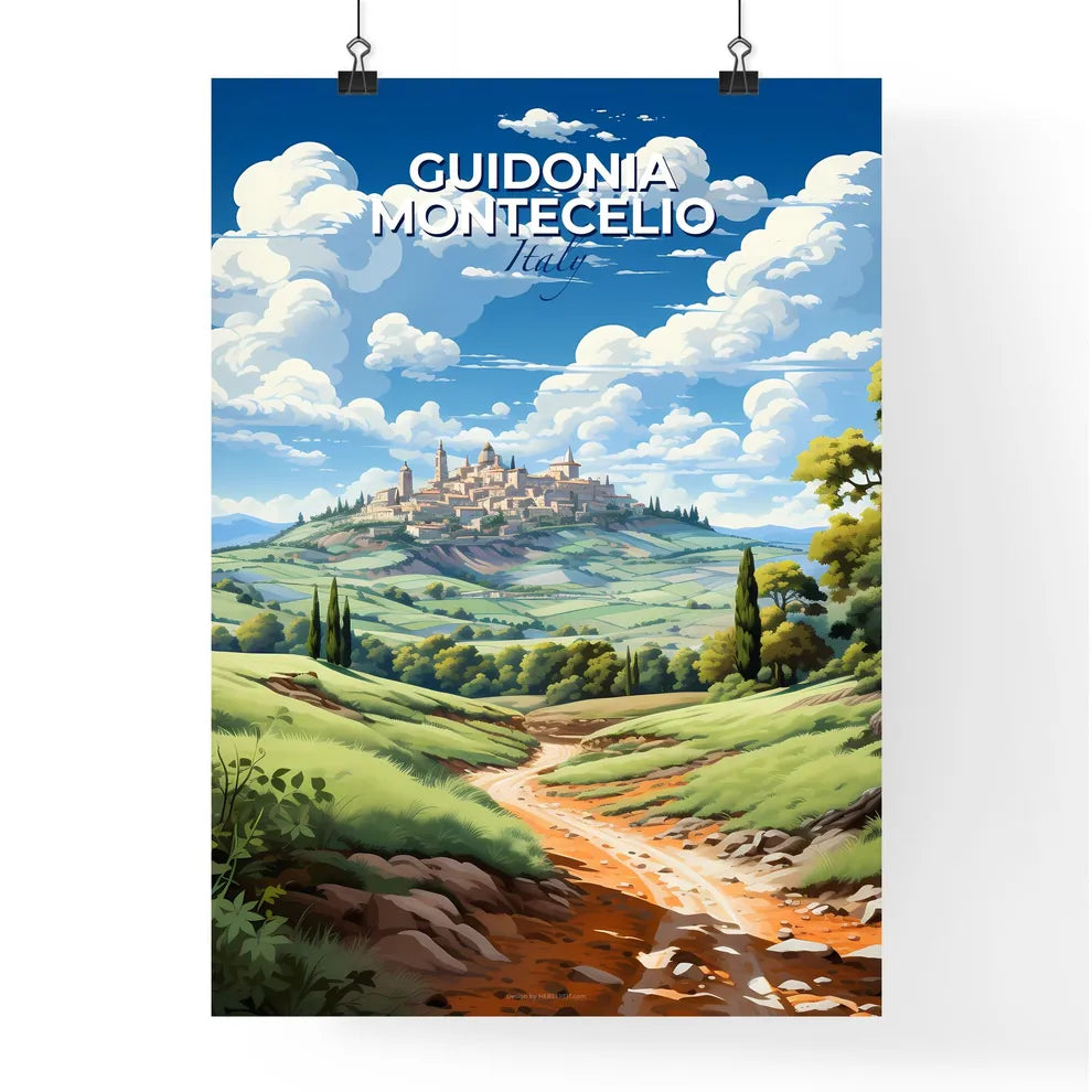Guidonia Montecelio, Italy, A Poster of a landscape with a dirt road and trees and a city on top Default Title