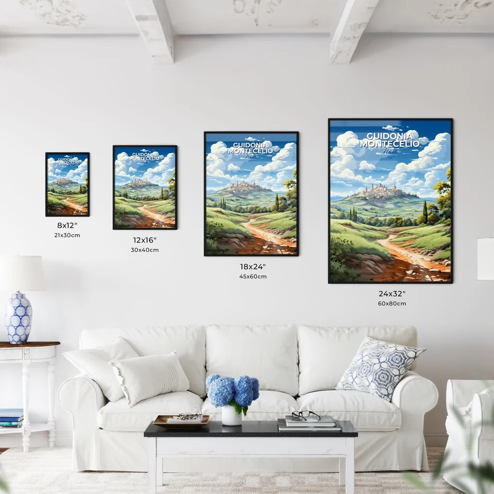 Guidonia Montecelio, Italy, A Poster of a landscape with a dirt road and trees and a city on top Default Title