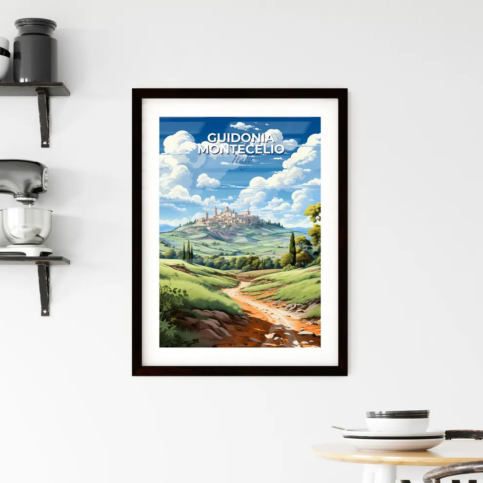 Guidonia Montecelio, Italy, A Poster of a landscape with a dirt road and trees and a city on top Default Title